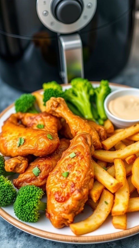 A platter of crispy chicken wings, air-fried fries, and roasted broccoli, garnished with herbs.